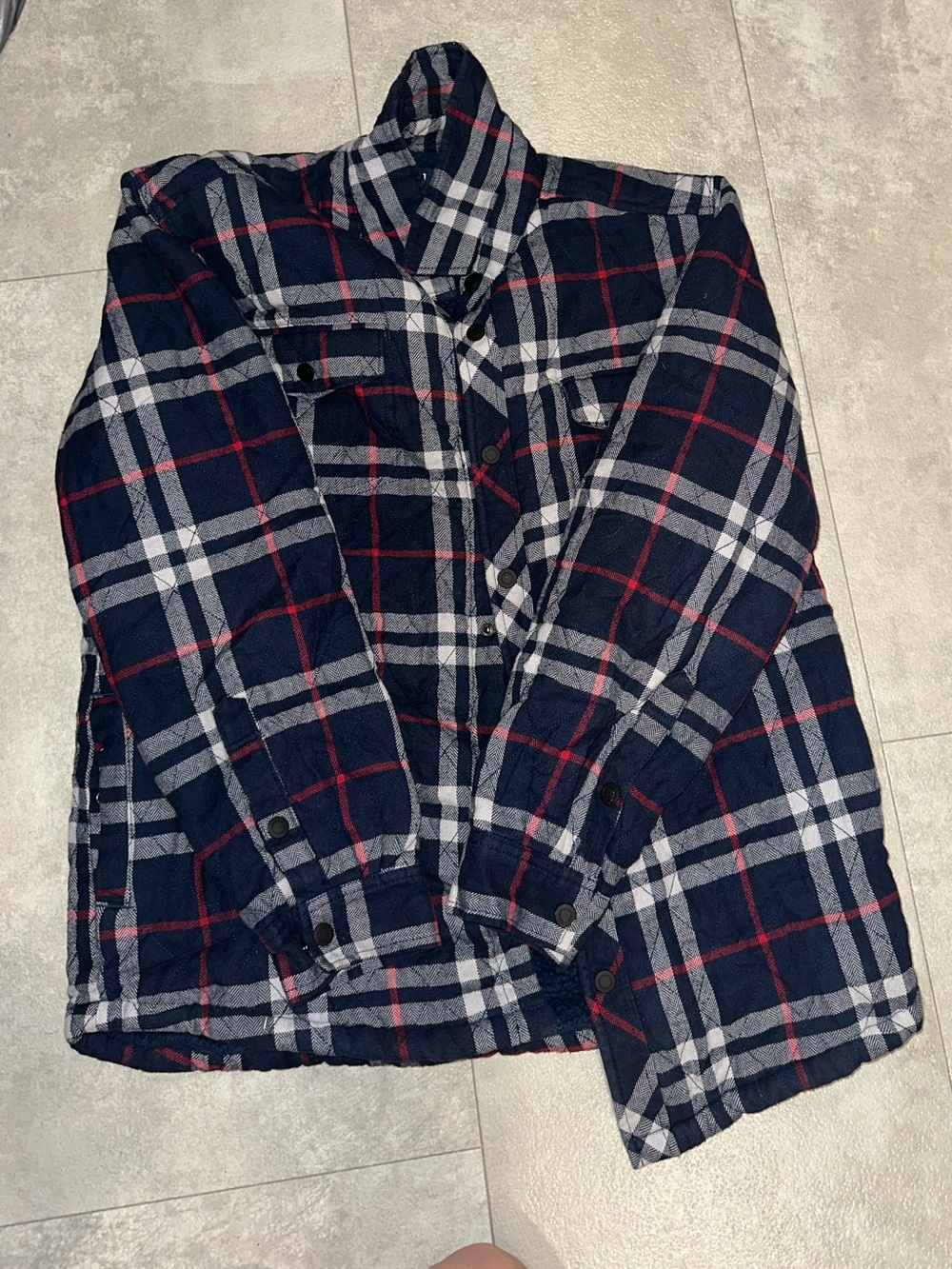 George Navy Blue Plaid Flannel Shirt Jacket with Red and White Stripes